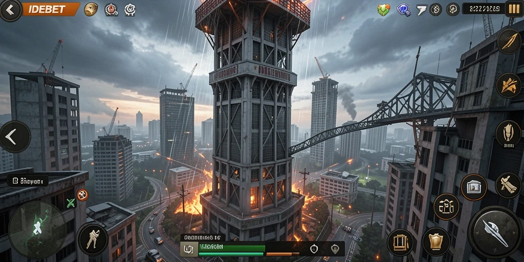 Tampilan gameplay IDEBET dengan menara dan serangan musuh.