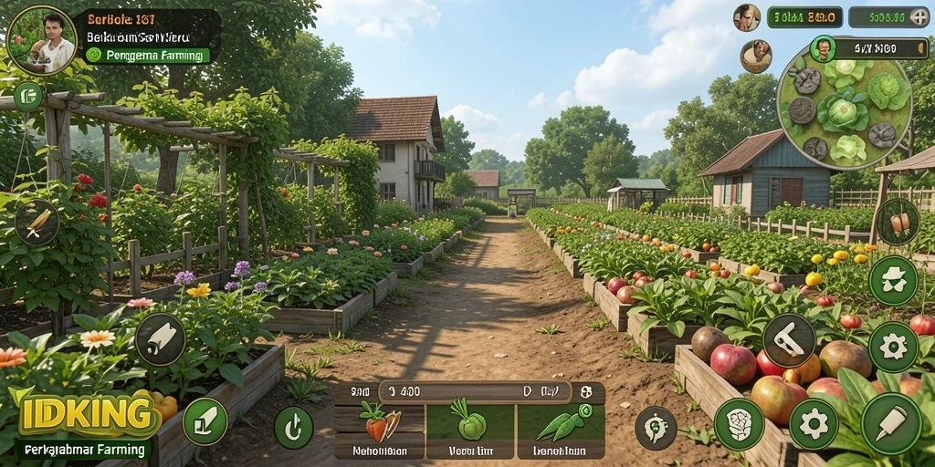 Screenshot gameplay IDRKING menunjukkan kebun yang ramai dan berwarna-warni.