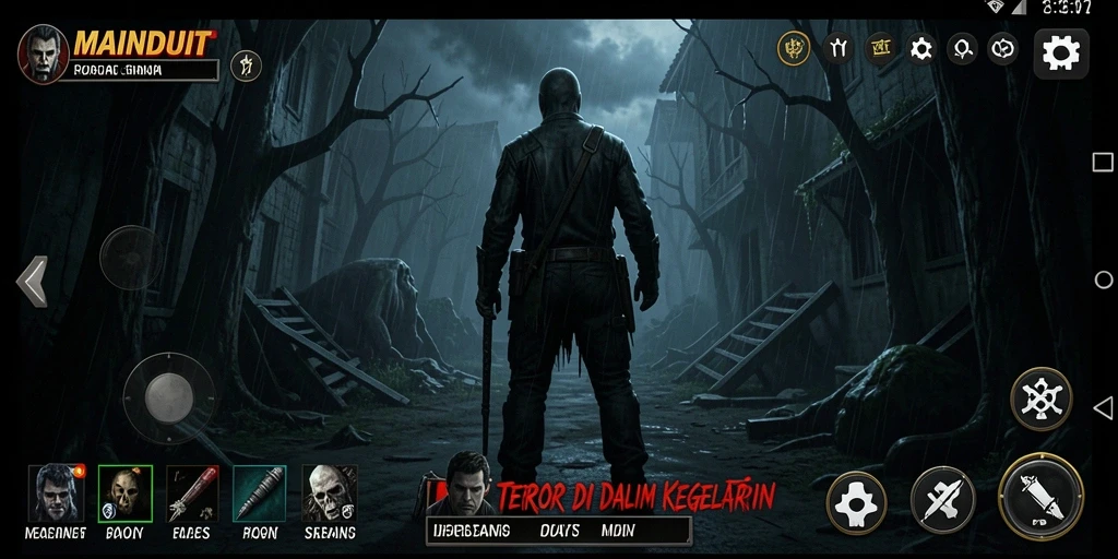 Tampilan gameplay <strong>MAINDUIT</strong> yang menakutkan dan atmosfer yang mencekam.