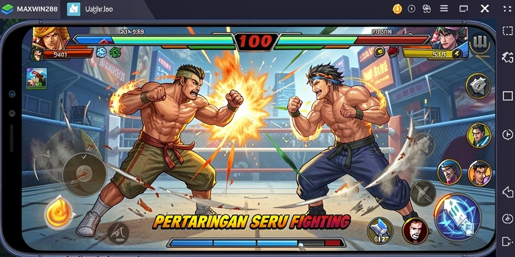 Tampilan gameplay dari <strong>MAXWIN288</strong> yang penuh aksi dan karakter bertarung.