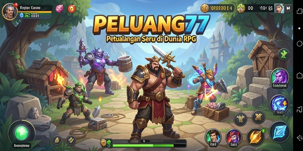Screenshot utama PELUANG77 menampilkan pertempuran seru di dunia RPG.