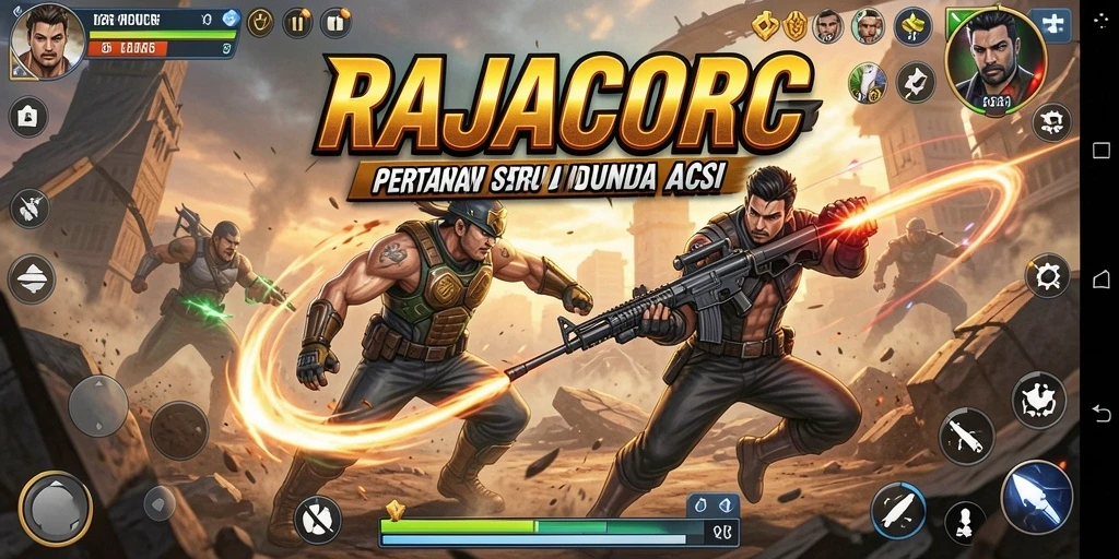 Tampilan dinamis dari aksi seru dalam permainan RAJACORC.